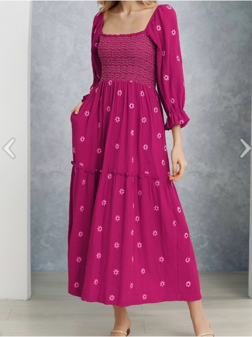 Smocked Square Neck Magenta Floral Maxi Dress